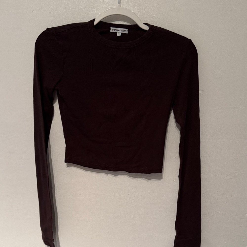 COTTON CITIZEN CHOCOLATE Dark Brown Long Sleeve Crop Top RIBBED SIZE SMALL